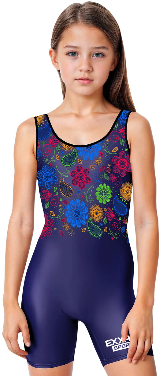 Sublimated Girl's Wrestling Singlets, High-Cut Female Singlets (Paisley Flower)