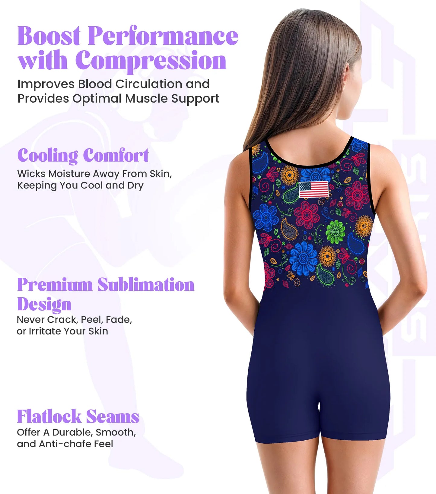 Sublimated Girl's Wrestling Singlets, High-Cut Female Singlets (Paisley Flower)