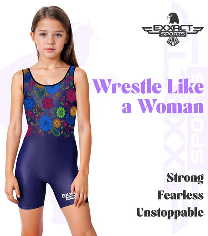 Sublimated Girl's Wrestling Singlets, High-Cut Female Singlets (Paisley Flower)