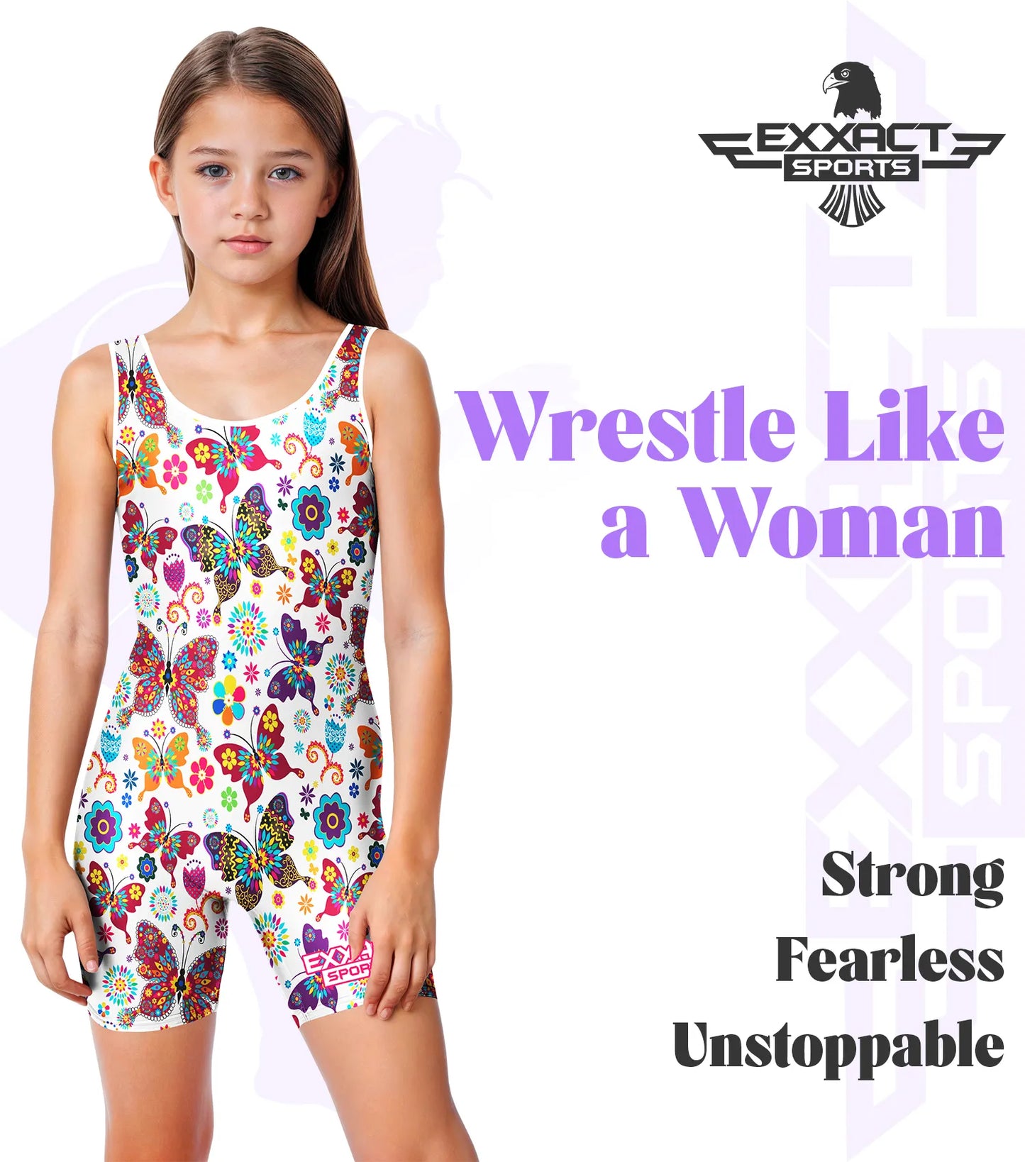 Sublimated Girl's Wrestling Singlets, High-Cut Female Singlets (White Butterfly)