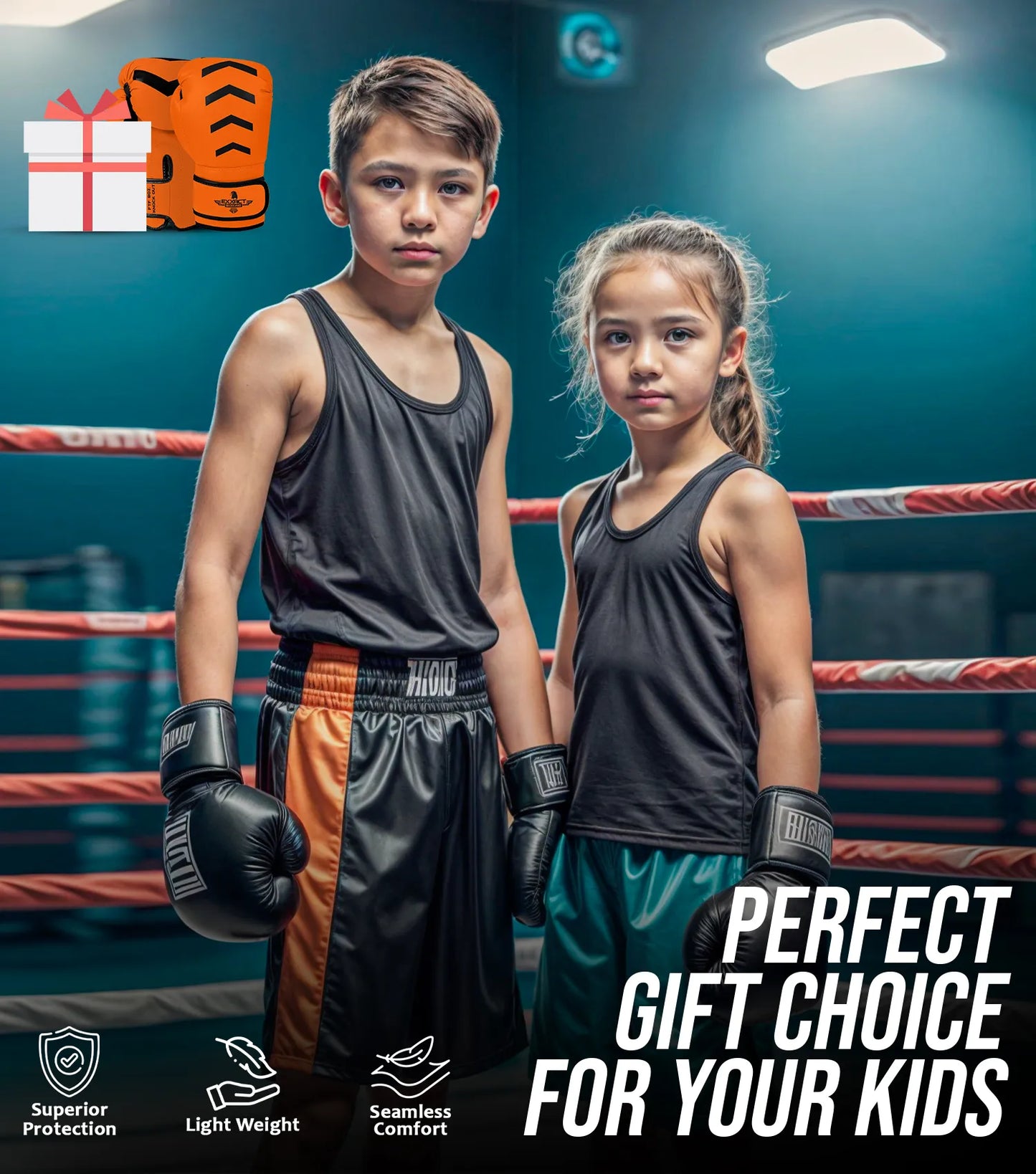 Kids Knockout Boxing Gloves with Padded Protection (Orange/Black)
