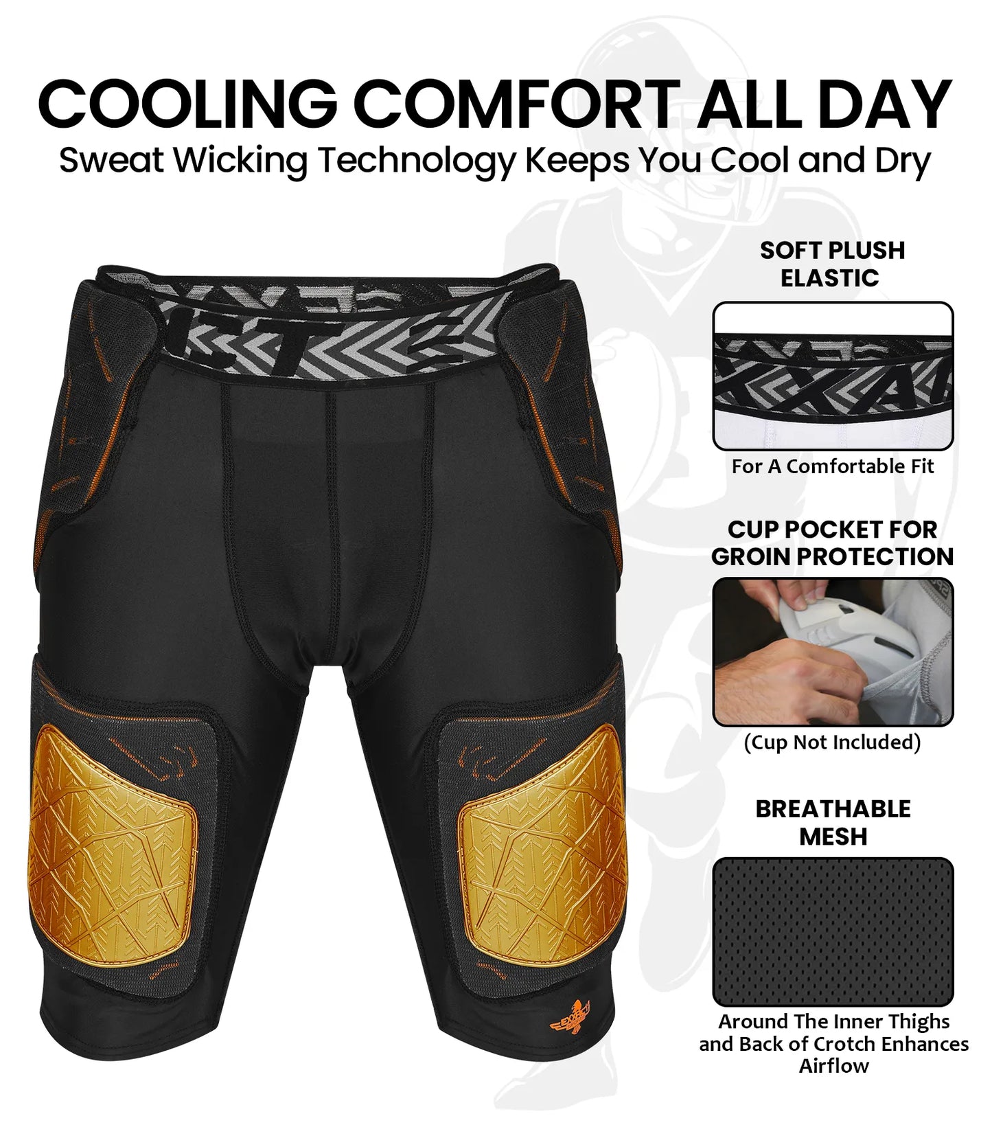 Men's Gladiator 5-Pad Football Girdle with Cup Pocket (Black Gold)