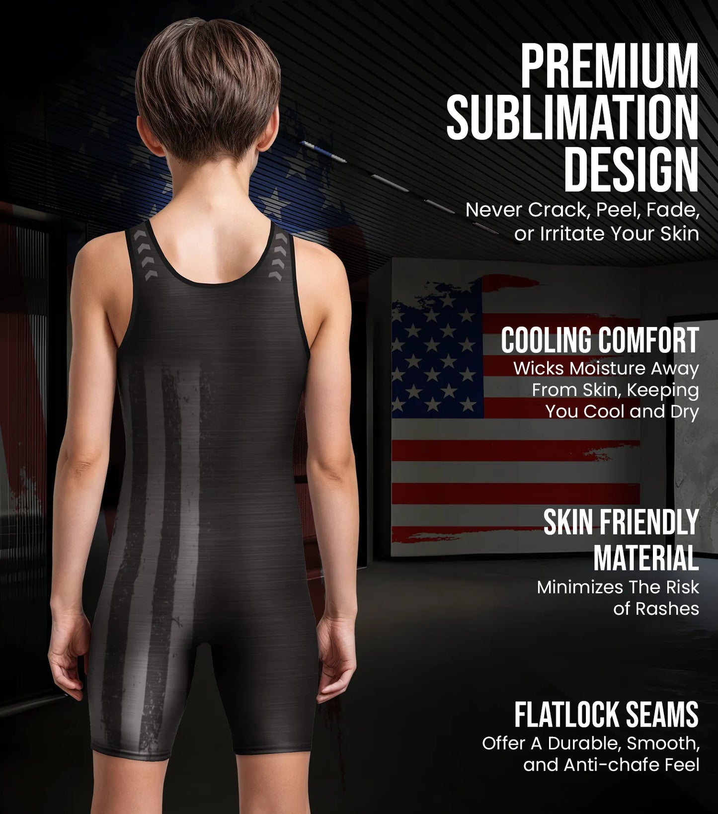 Boys Youth Patriot Wrestling Singlets (Black)