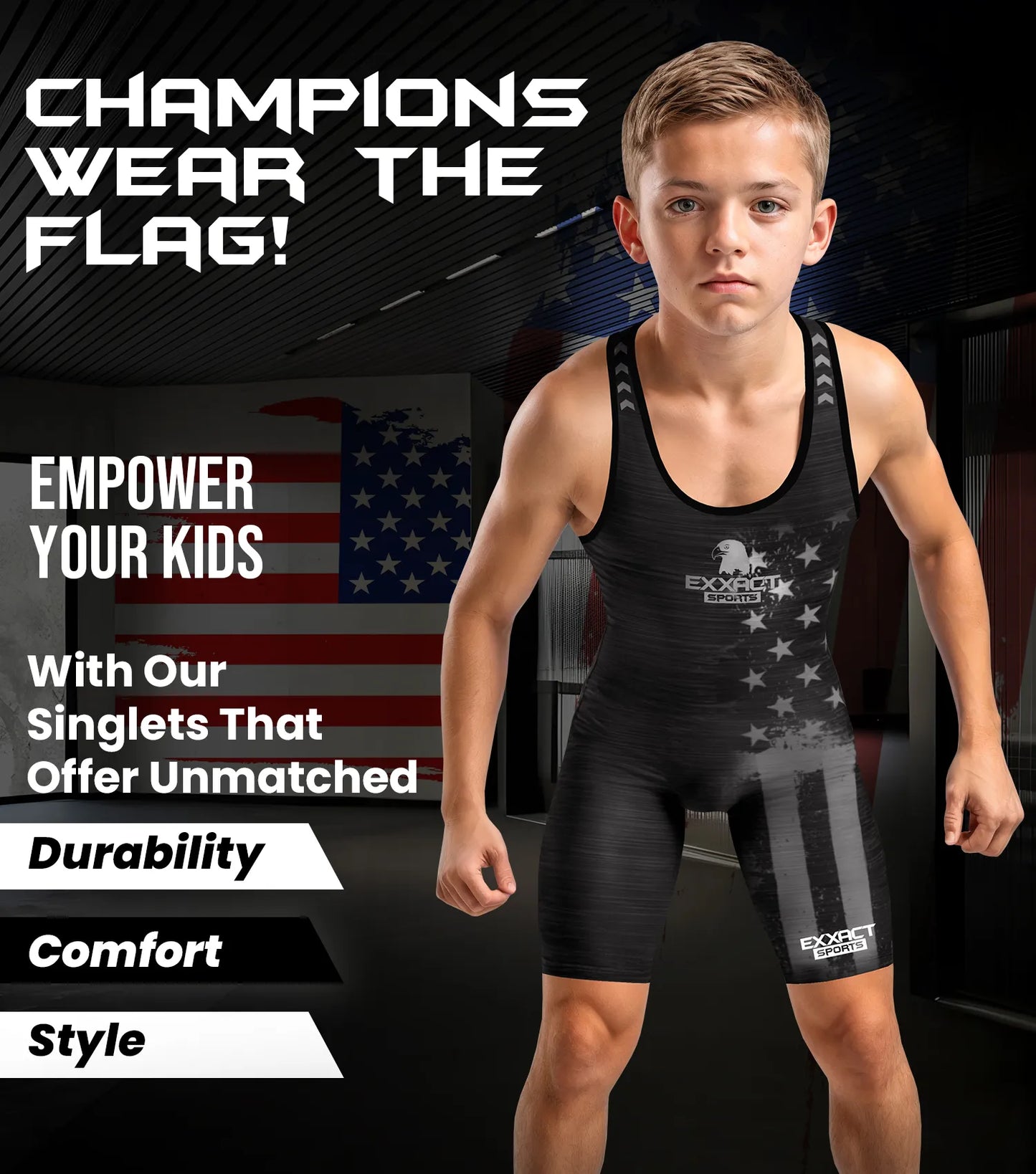 Boys Youth Patriot Wrestling Singlets (Black)