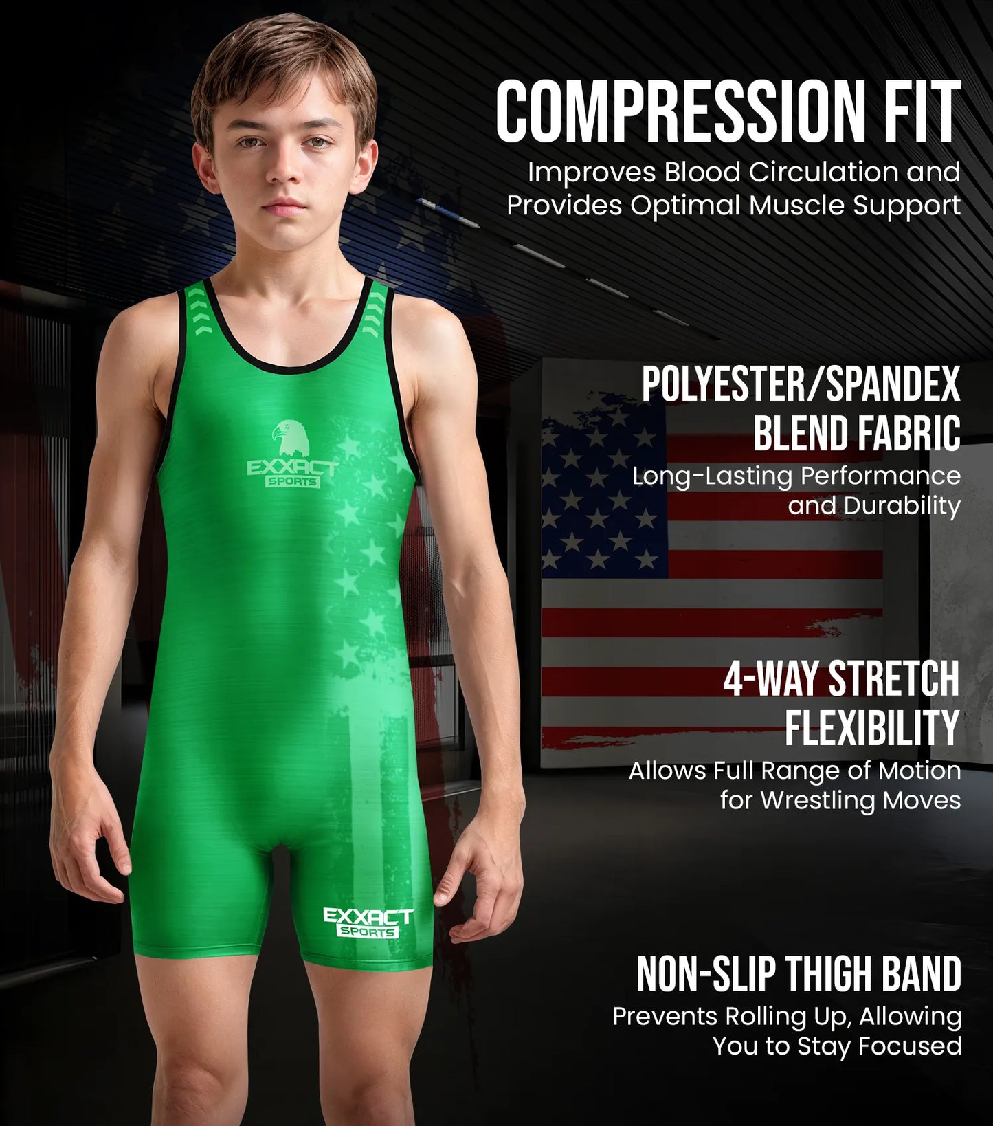 Boys Youth Patriot Wrestling Singlets (Green)