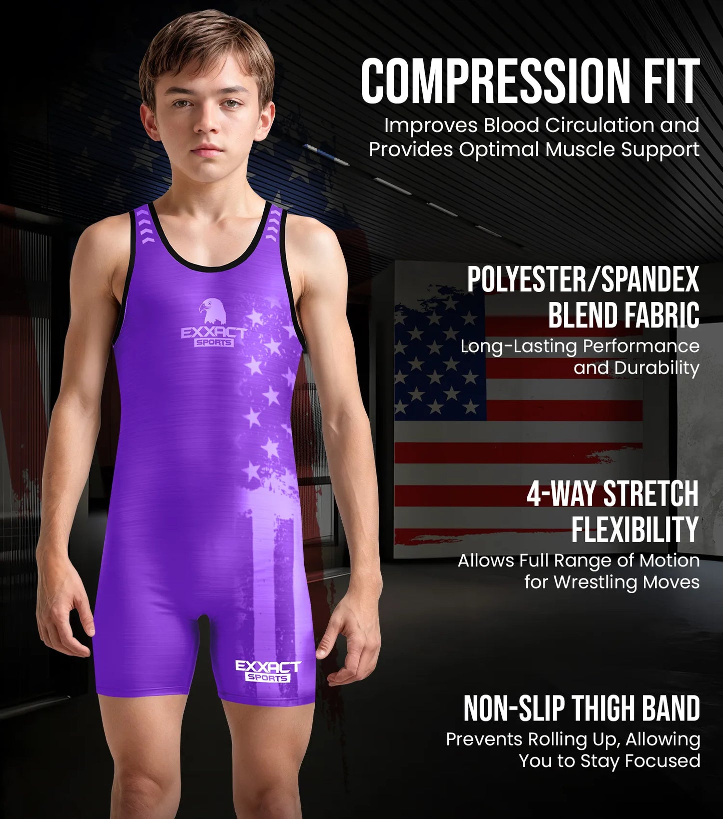 Boys Youth Patriot Wrestling Singlets (Purple)