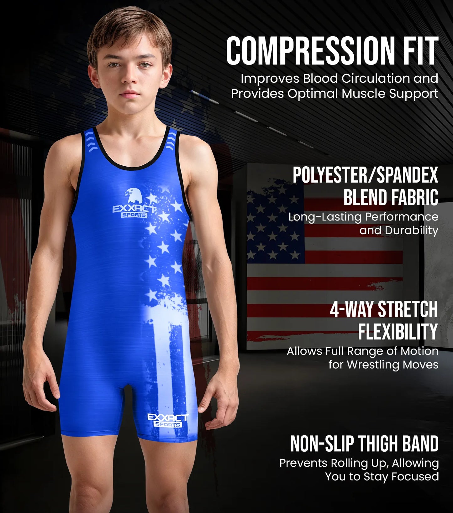 Boys Youth Patriot Wrestling Singlets (Royal Blue)