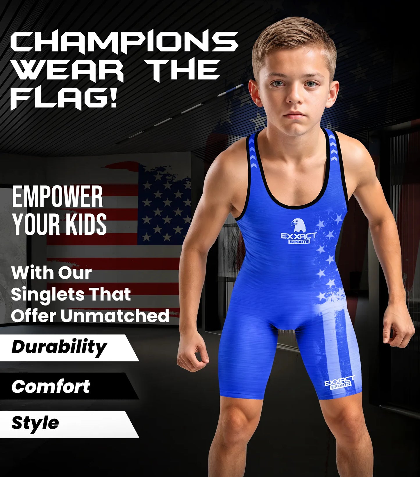 Boys Youth Patriot Wrestling Singlets (Royal Blue)