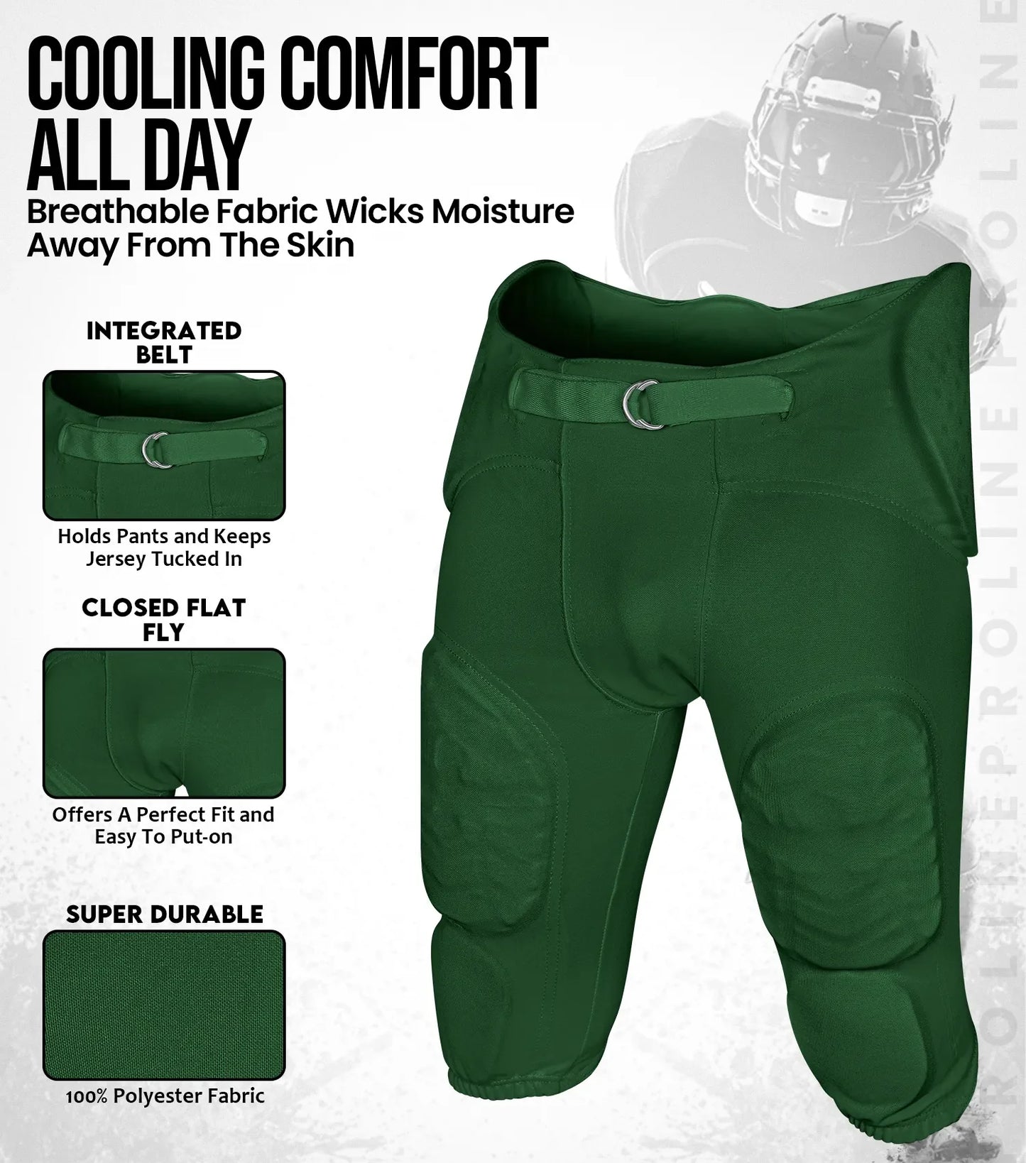 Proline Men's Integrated Football Pants with 7 Flex Pads Dark Green (Adult)