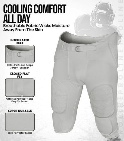 Proline Men's Integrated Football Pants with 7 Flex Pads Silver (Adult)