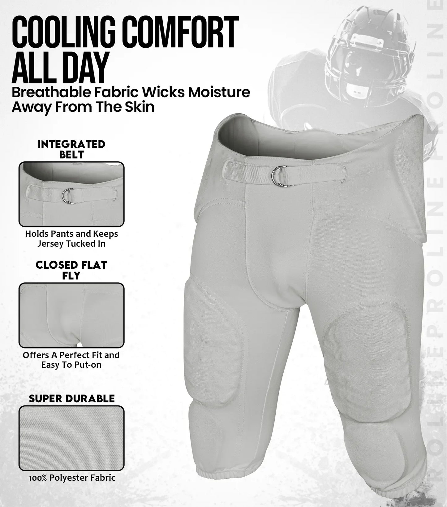 Proline Men's Integrated Football Pants with 7 Flex Pads Silver (Adult)
