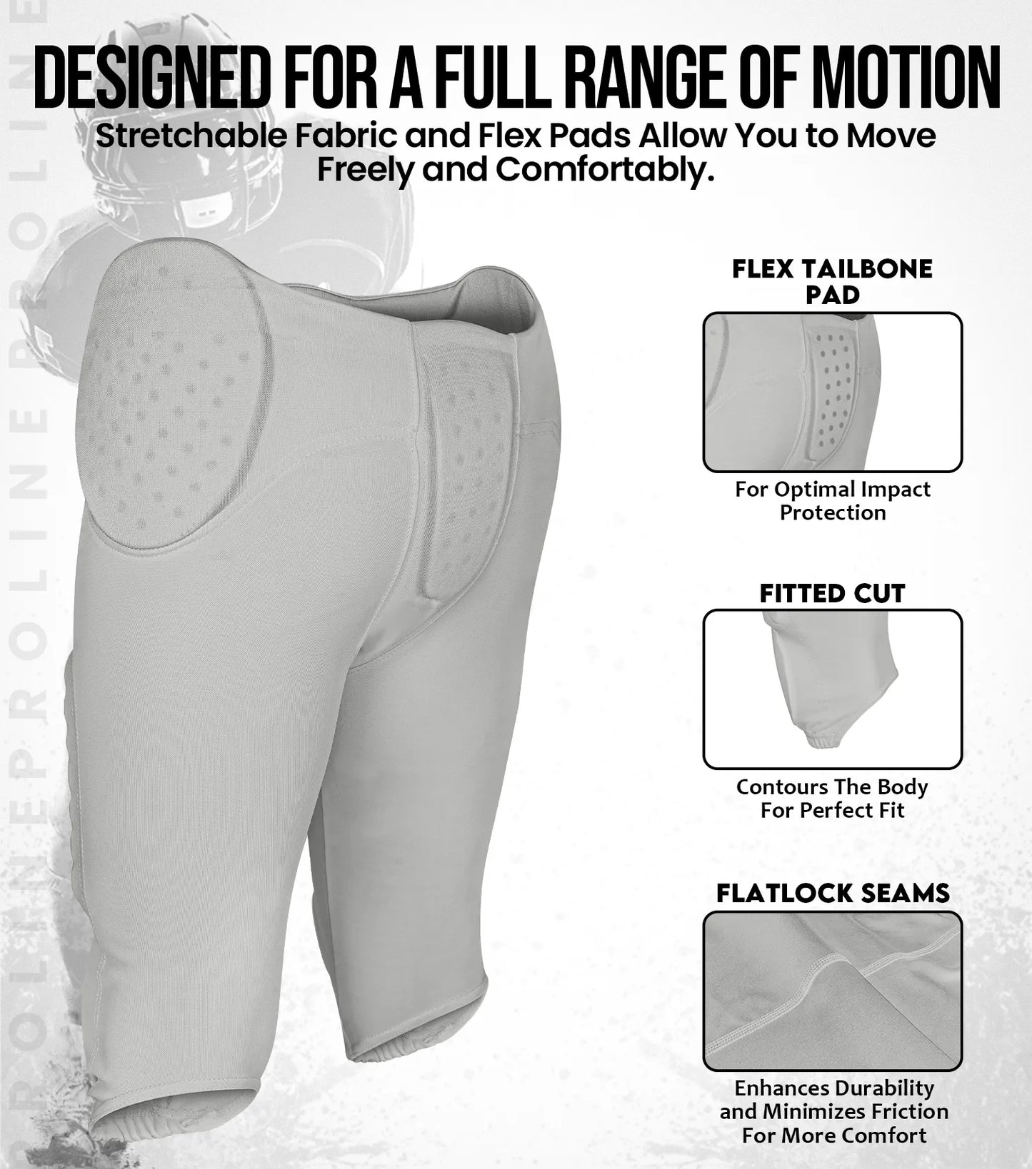 Proline Men's Integrated Football Pants with 7 Flex Pads Silver (Adult)