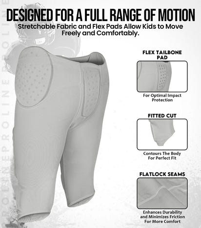 Proline Boys Integrated Football Pants with 7 Flex Pads Silver (Youth)