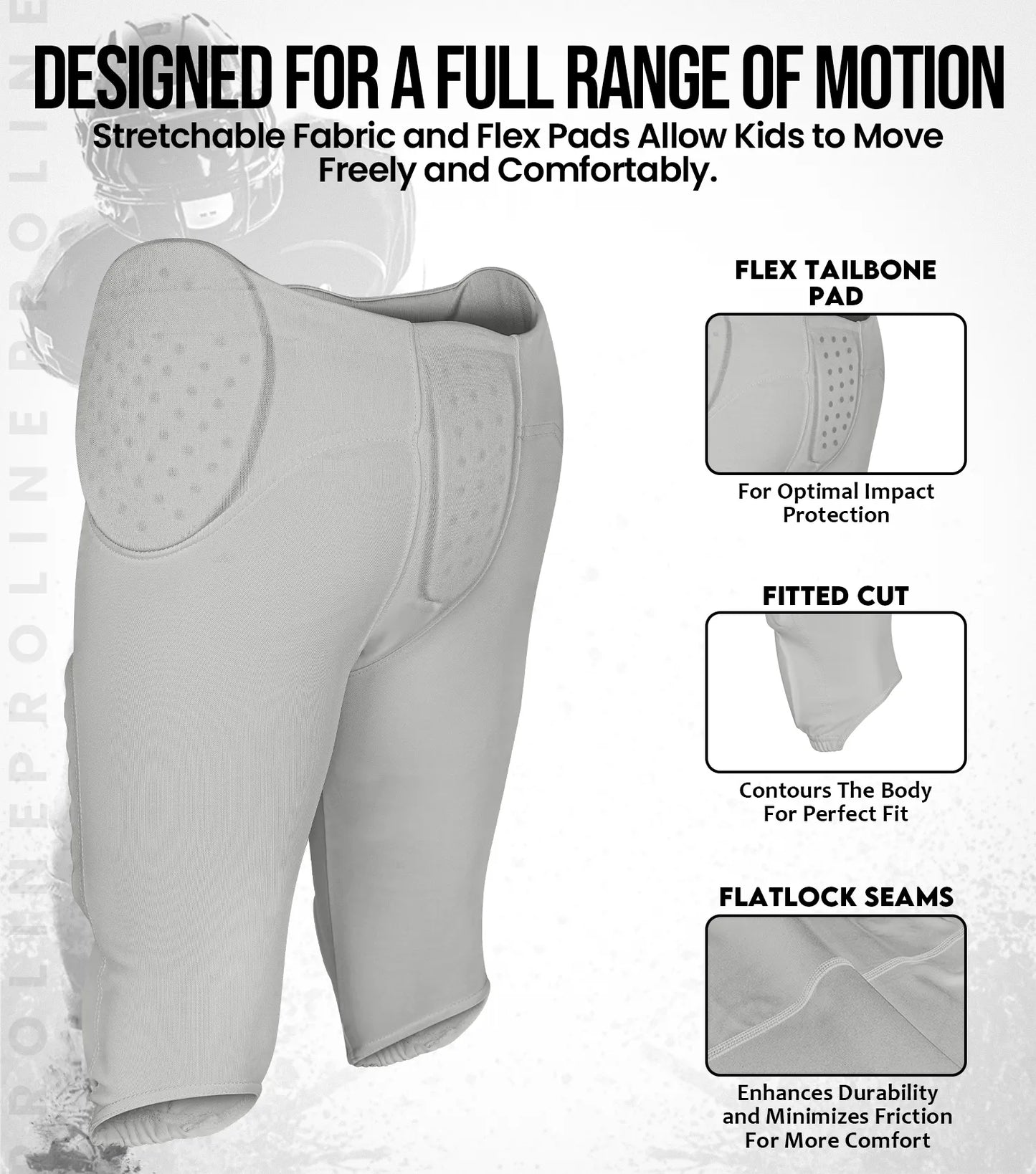 Proline Boys Integrated Football Pants with 7 Flex Pads Silver (Youth)