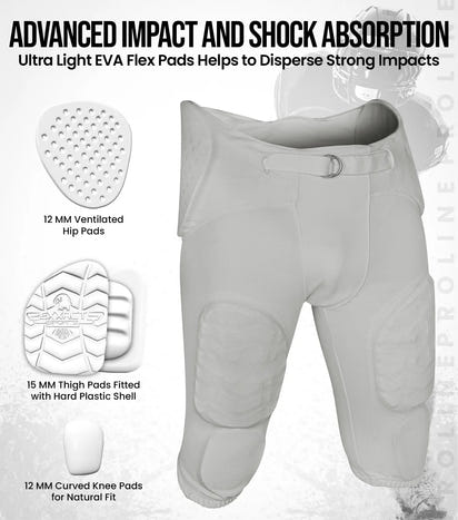 Proline Boys Integrated Football Pants with 7 Flex Pads Silver (Youth)