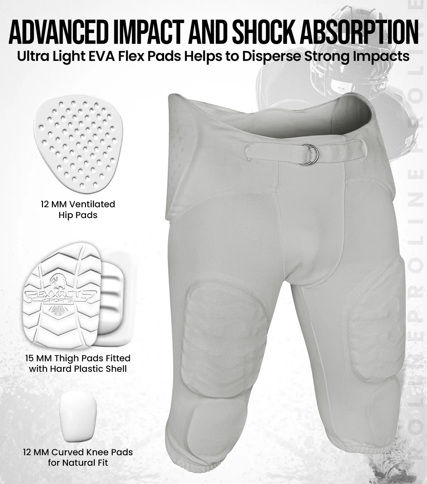 Proline Boys Integrated Football Pants with 7 Flex Pads Silver (Youth)