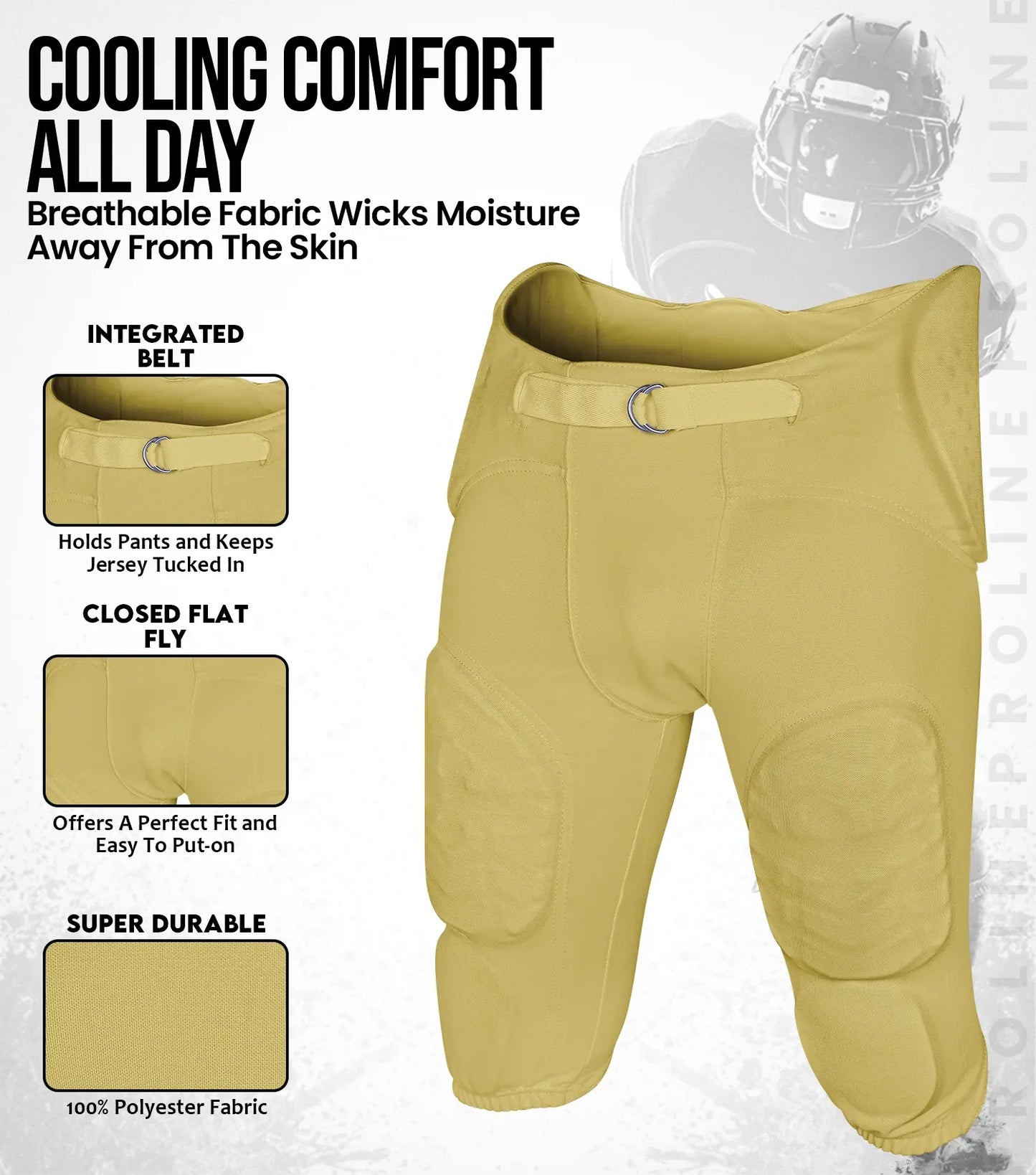 Proline Boys Integrated Football Pants with 7 Flex Pads Vegas Gold (Youth)