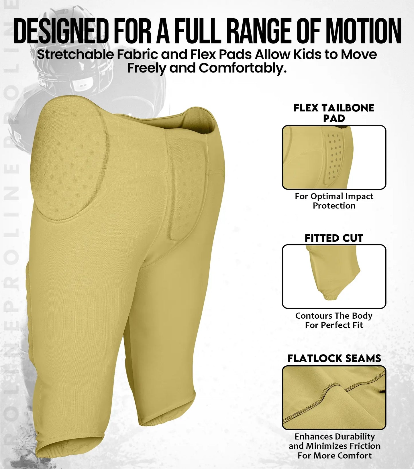 Proline Boys Integrated Football Pants with 7 Flex Pads Vegas Gold (Youth)