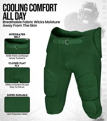 Proline Boys Integrated Football Pants with 7 Flex Pads Dark Green (Youth)