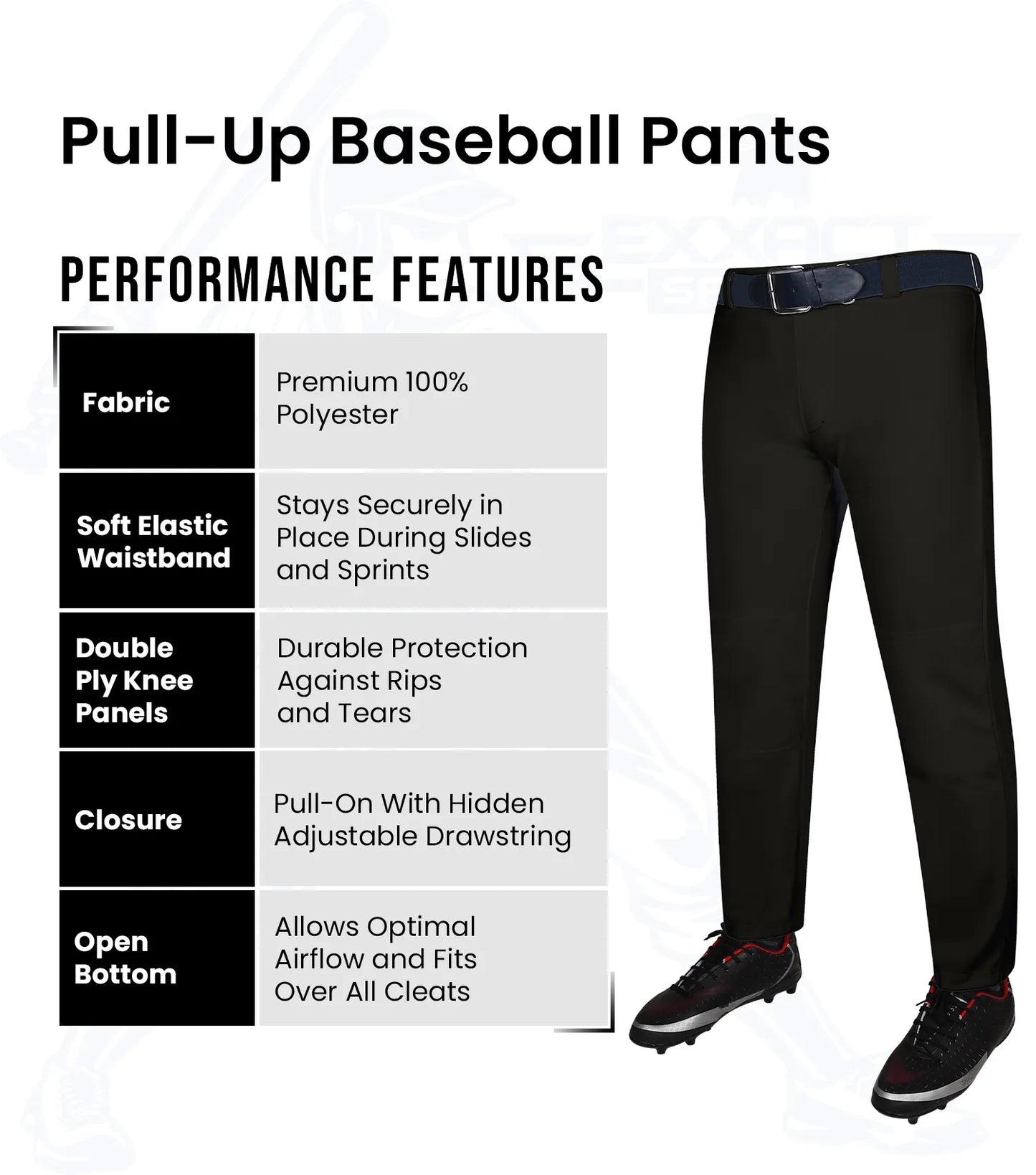 Pull-Up Boys Baseball Pants with Adjustable Drawstring, Full Length & Open Bottom (Black)