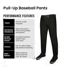 Pull-Up Boys Baseball Pants with Adjustable Drawstring, Full Length & Open Bottom (Black)