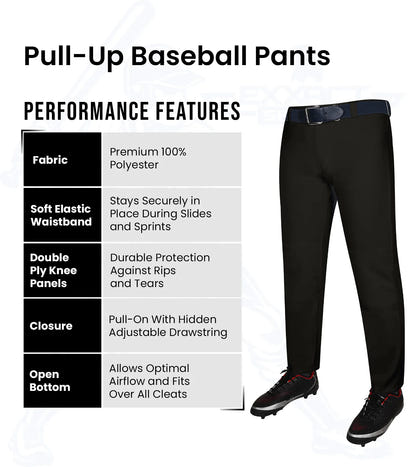 Pull-Up Boys Baseball Pants with Adjustable Drawstring, Full Length & Open Bottom (Black)