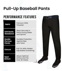 Pull-Up Boys Baseball Pants with Adjustable Drawstring, Full Length & Open Bottom (Black)