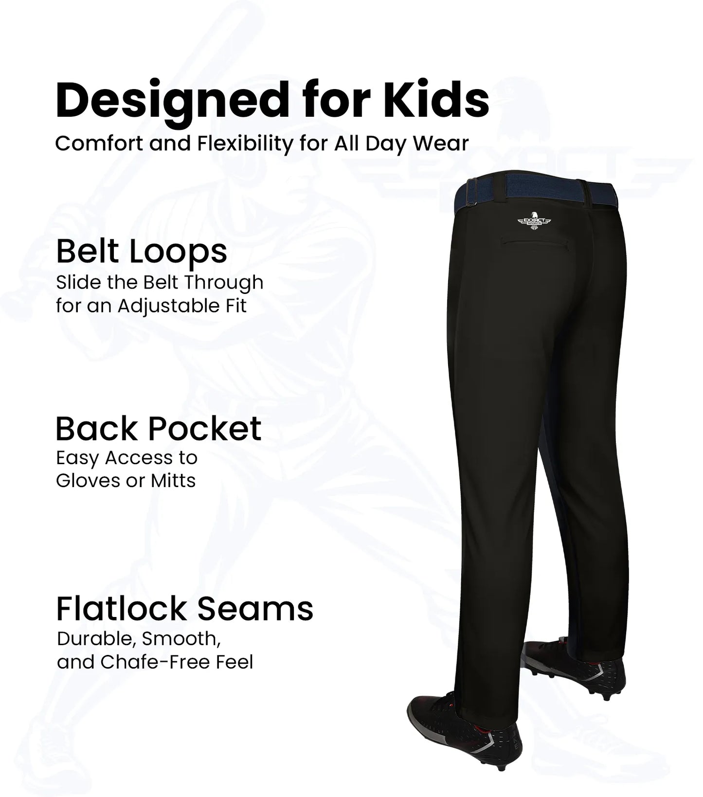 Pull-Up Boys Baseball Pants with Adjustable Drawstring, Full Length & Open Bottom (Black)