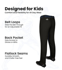 Pull-Up Boys Baseball Pants with Adjustable Drawstring, Full Length & Open Bottom (Black)