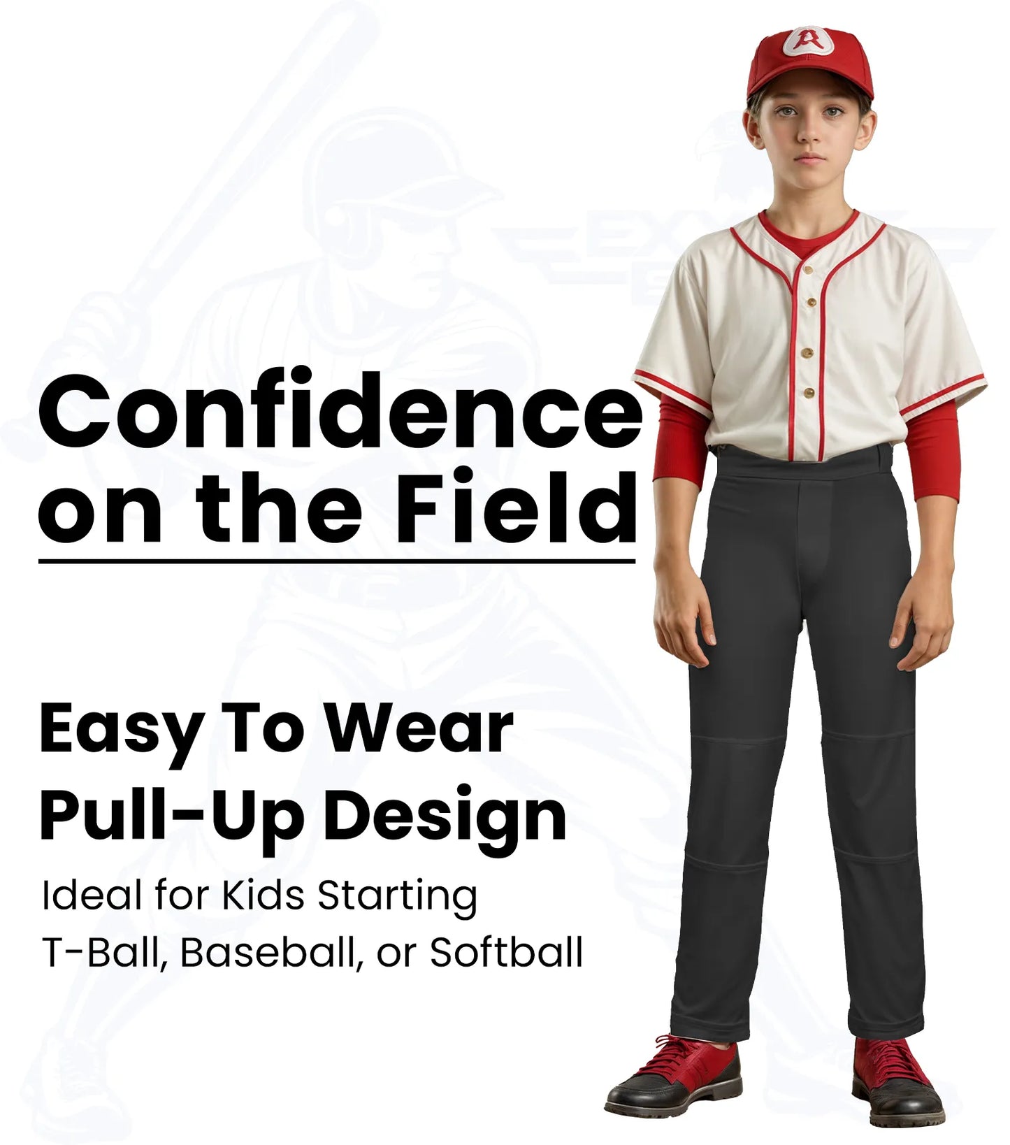 Pull-Up Boys Baseball Pants with Adjustable Drawstring, Full Length & Open Bottom (Black)