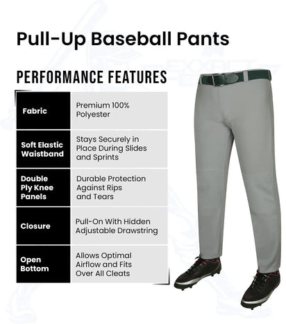 Pull-Up Boys Baseball Pants with Adjustable Drawstring, Full Length & Open Bottom (Gray)