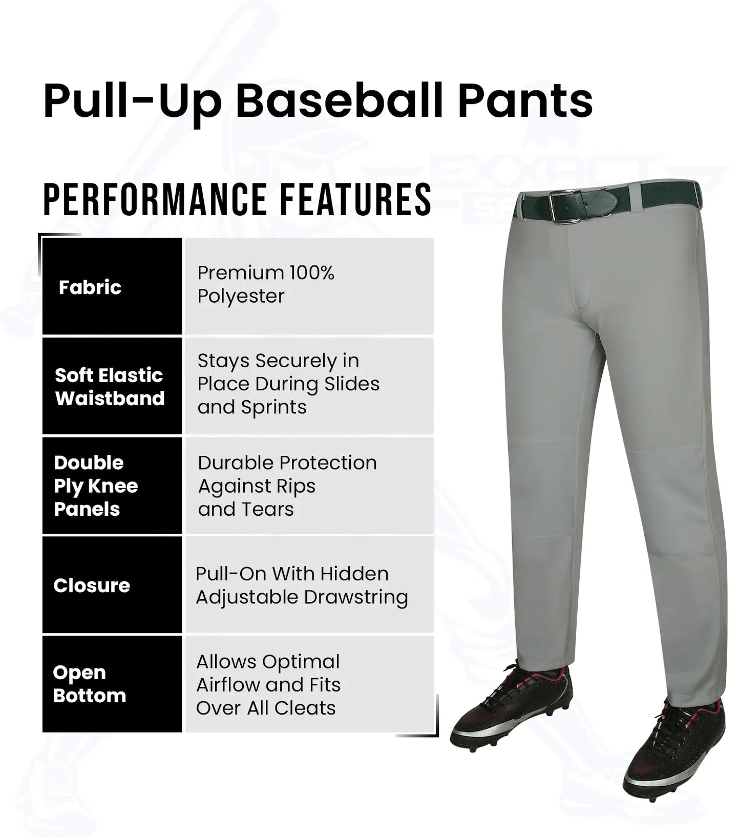 Pull-Up Boys Baseball Pants with Adjustable Drawstring, Full Length & Open Bottom (Gray)