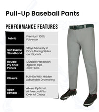 Pull-Up Boys Baseball Pants with Adjustable Drawstring, Full Length & Open Bottom (Gray)