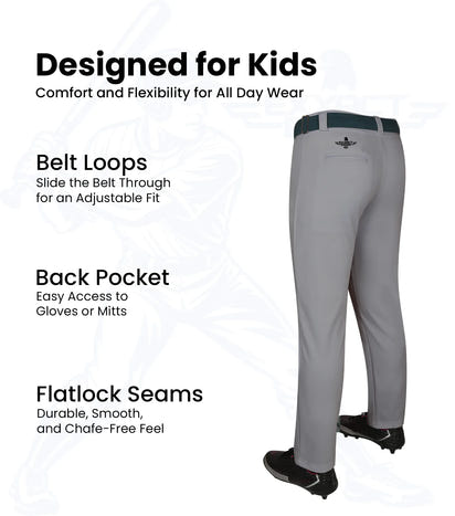 Pull-Up Boys Baseball Pants with Adjustable Drawstring, Full Length & Open Bottom (Gray)