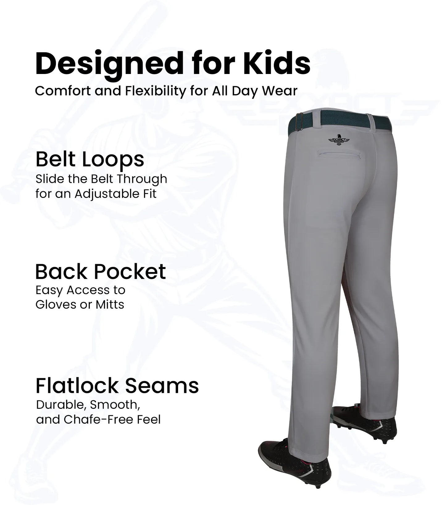 Pull-Up Boys Baseball Pants with Adjustable Drawstring, Full Length & Open Bottom (Gray)
