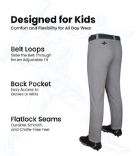 Pull-Up Boys Baseball Pants with Adjustable Drawstring, Full Length & Open Bottom (Gray)