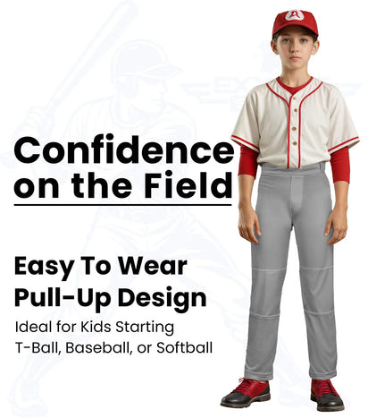 Pull-Up Boys Baseball Pants with Adjustable Drawstring, Full Length & Open Bottom (Gray)