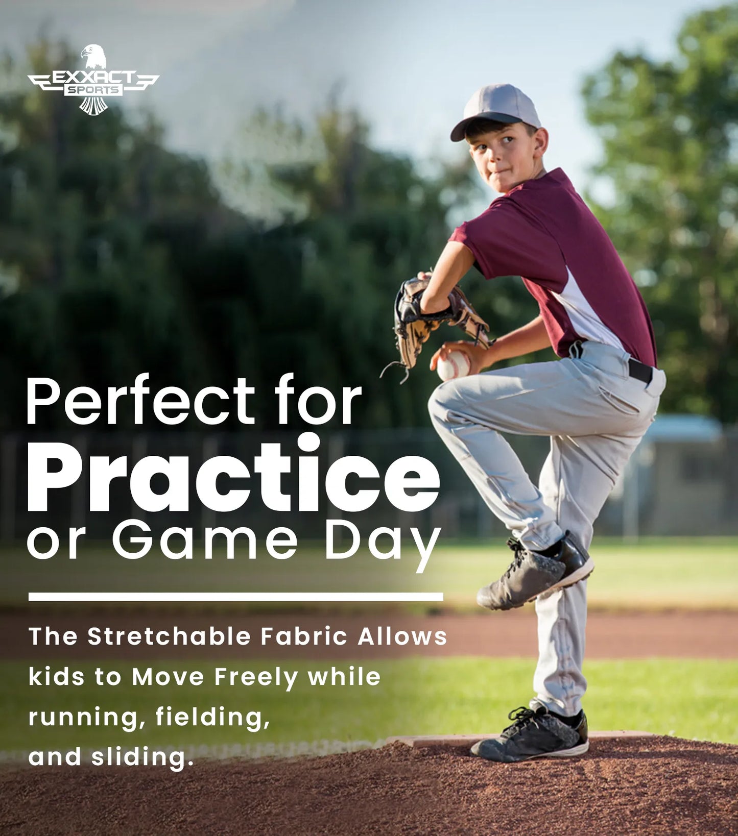 Pull-Up Boys Baseball Pants with Adjustable Drawstring, Full Length & Open Bottom (Gray)