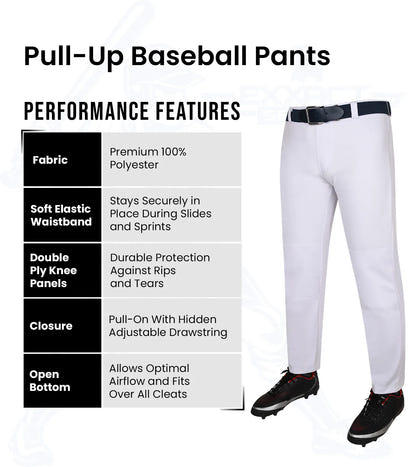 Pull-Up Boys Baseball Pants with Adjustable Drawstring, Full Length & Open Bottom (White)
