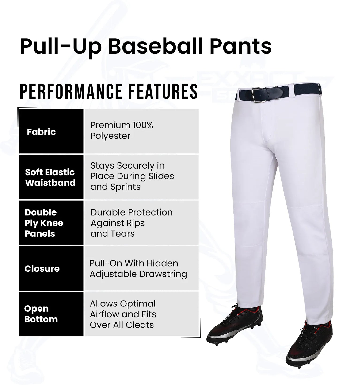 Pull-Up Boys Baseball Pants with Adjustable Drawstring, Full Length & Open Bottom (White)