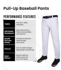 Pull-Up Boys Baseball Pants with Adjustable Drawstring, Full Length & Open Bottom (White)