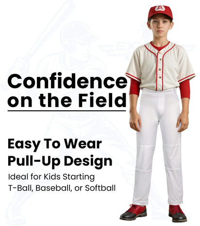 Pull-Up Boys Baseball Pants with Adjustable Drawstring, Full Length & Open Bottom (White)