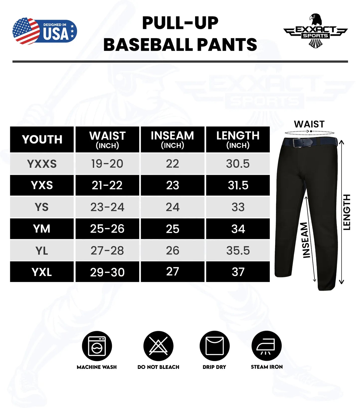 Pull-Up Boys Baseball Pants with Adjustable Drawstring, Full Length & Open Bottom (White)