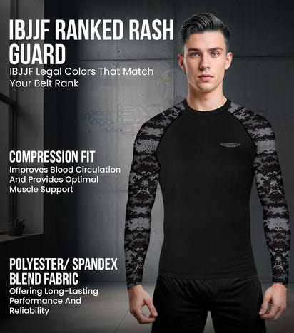 Men's Black Camo BJJ Rash Guard Long Sleeve