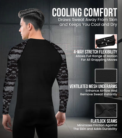 Men's Black Camo BJJ Rash Guard Long Sleeve