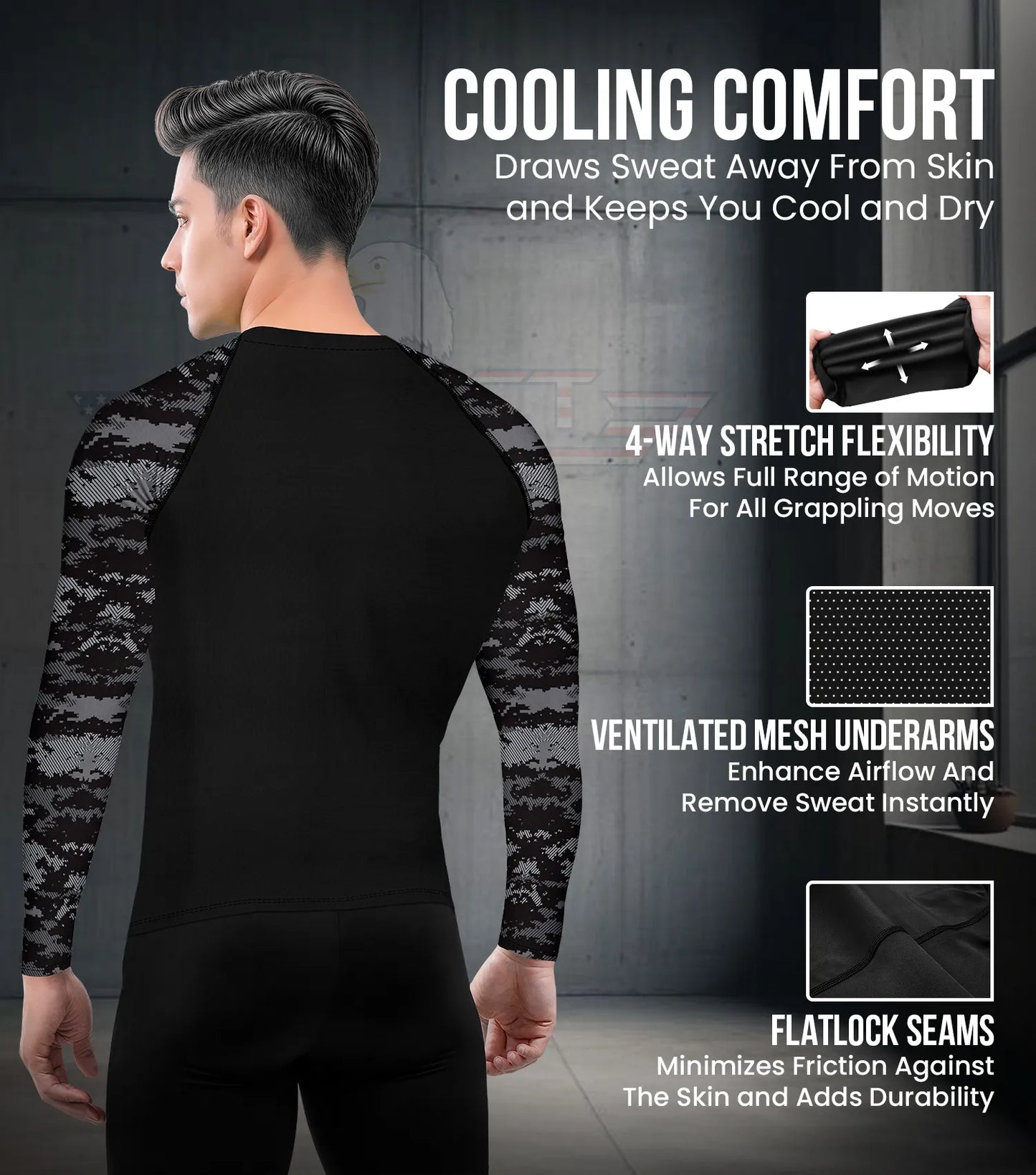 Men's Black Camo BJJ Rash Guard Long Sleeve