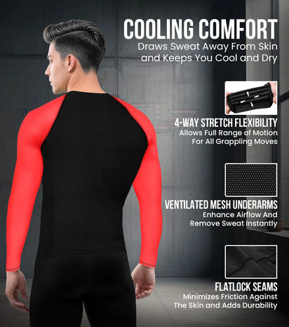 Men's Red BJJ Rash Guard Long Sleeve