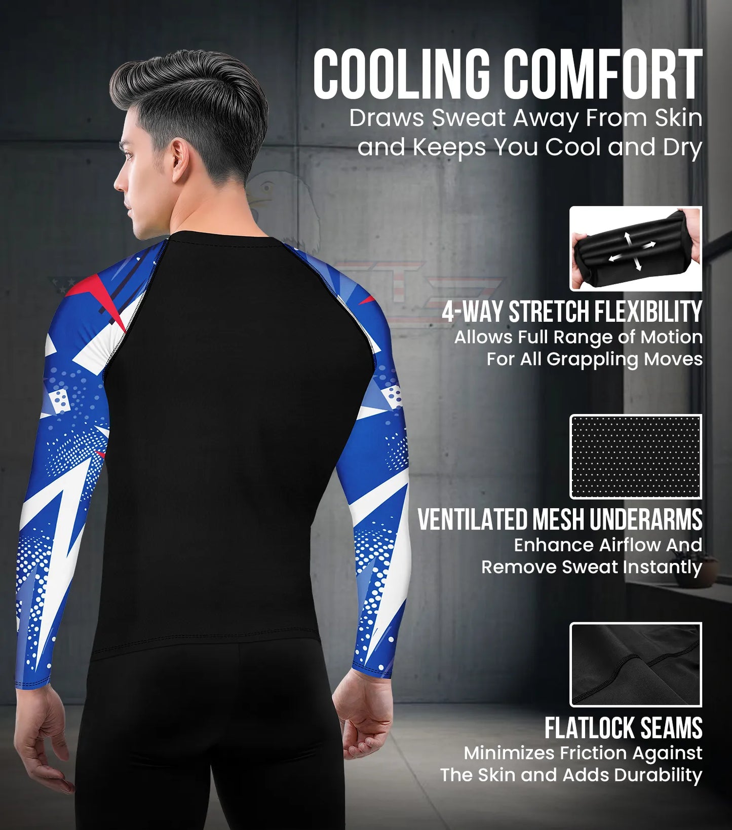 Men's Blue Texture BJJ Rash Guard Long Sleeve
