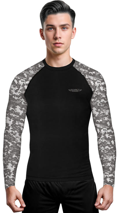 Men's Gray Camo BJJ Rash Guard Long Sleeve