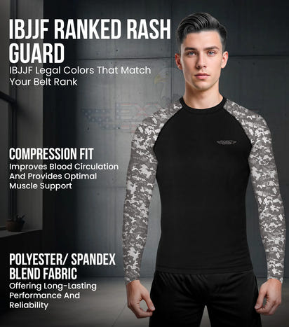 Men's Gray Camo BJJ Rash Guard Long Sleeve